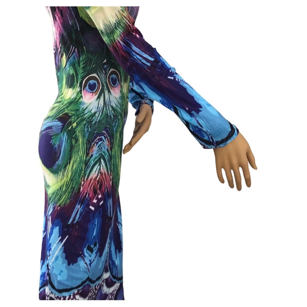 Peacock Feather Print Dress Long-sleeve Scoopneck stretchy jersey body-con fit S - Picture 2 of 3